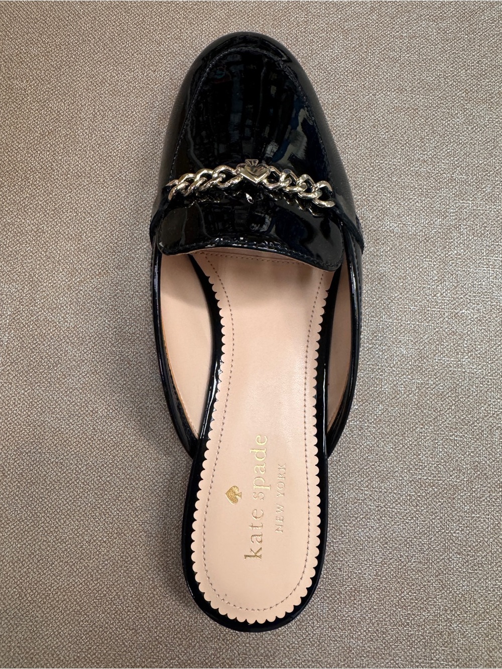 kate spade Black Patent Loafer Mule with Gold Chain Accent